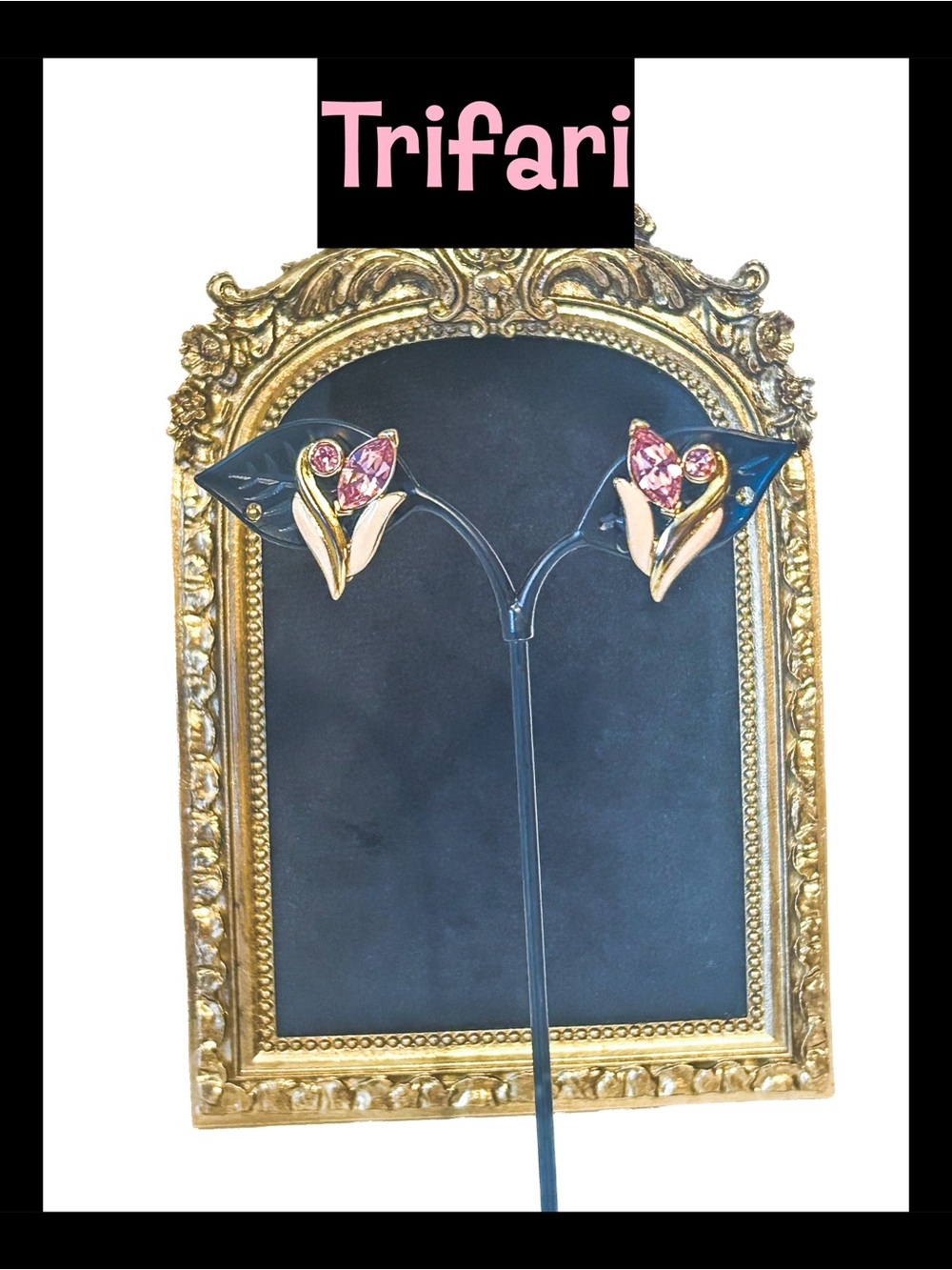 Trifari Gold-Tone Clip On Earrings with Pink Enamel and Crystal Accents